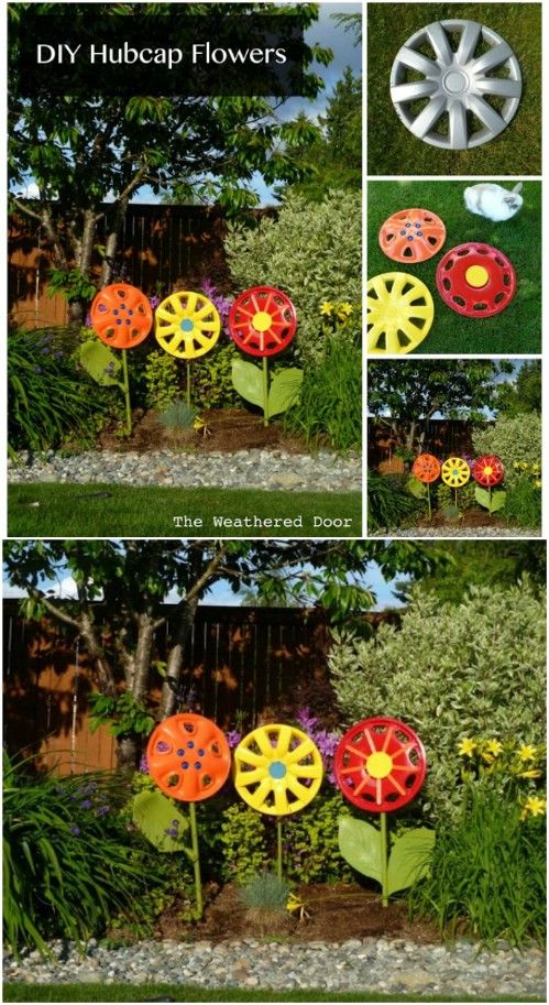 four different pictures of flowers in the garden, including one with wheels on it and another with