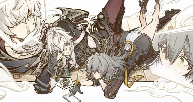 some anime characters laying on the ground