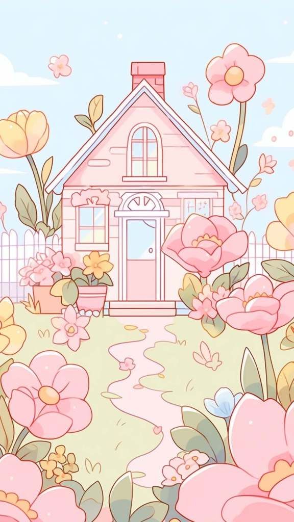 a pink house surrounded by flowers on a sunny day