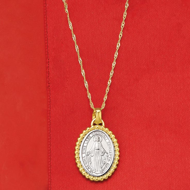 Ross-Simons - Italian Gold Miraculous Medal Adjustable Pendant Necklace. Receive wonderful graces when you don this special pendant necklace. Here, the famous Miraculous Medal shines in textured and polished 14kt white gold and is highlighted by a beaded frame of 14kt yellow gold. Suspends from an adjustable Singapore chain that can be worn anywhere from choker length to 22". Made in Italy. Lobster clasp, 14kt two-tone gold Miraculous Medal pendant necklace. White Gold Miraculous Medal Round Pendant, Elegant Sterling Silver Necklace With Miraculous Medal, White Gold Necklace With Miraculous Medal For Gift, White Gold Necklace With Miraculous Medal As Gift, Elegant Miraculous Medal Necklace, Elegant Miraculous Medal Round Pendant Jewelry, Miraculous Medal Pendant Necklace For Anniversary, White Gold Necklace With Round Pendant And Shiny Finish, Silver Tarnish Resistant Round Pendant Charm