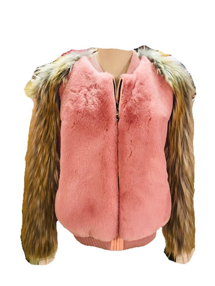 Pink and Tan Faux Fur Jacket Trendy Hooded Fur Coat For Fall, Trendy Party Outerwear With Zipper Closure, Trendy Spring Faux Fur Coat, Trendy Faux Fur Coat For Spring, Trendy Faux Fur Winter Outerwear, Long Sleeve Fur Coat With Zipper For Fall, Pink Faux Fur Outerwear For Fall, Trendy Hooded Spring Fur Coat, Trendy Winter Outerwear With Faux Fur Lining