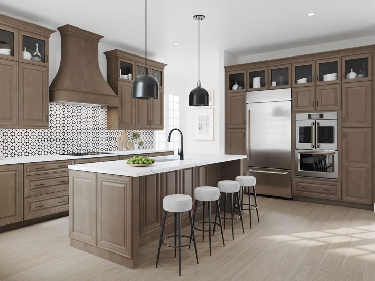 a kitchen with wooden cabinets and white counter tops, an island with stools next to it