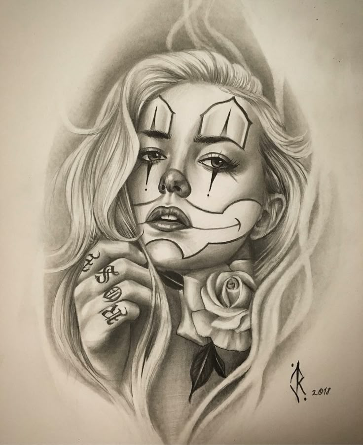 a pencil drawing of a woman with makeup on her face and roses in her hand