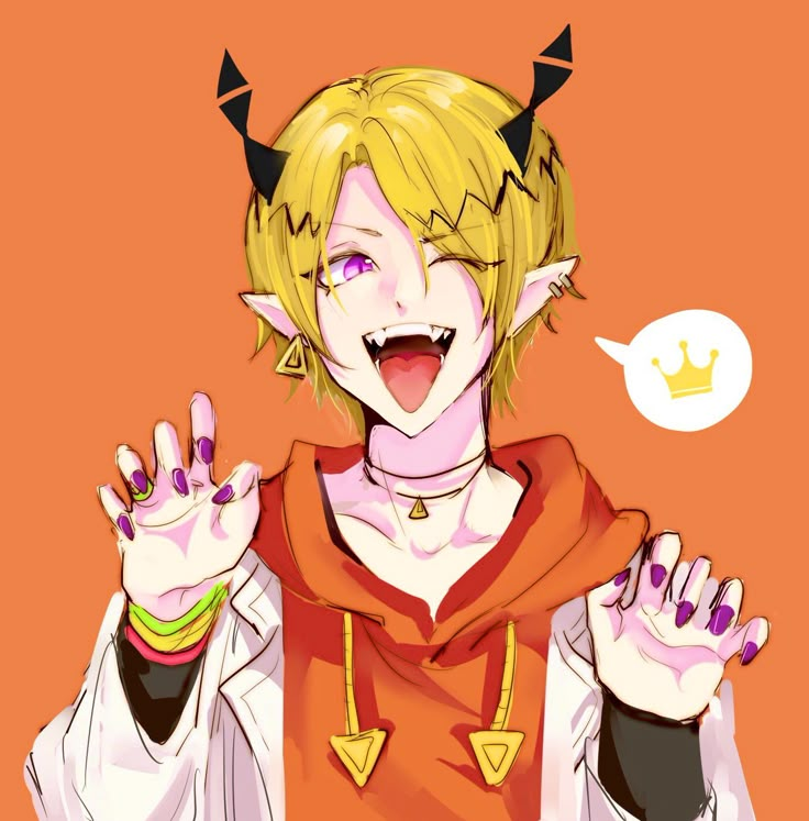 an anime character with yellow hair and horns holding his hands up in front of him