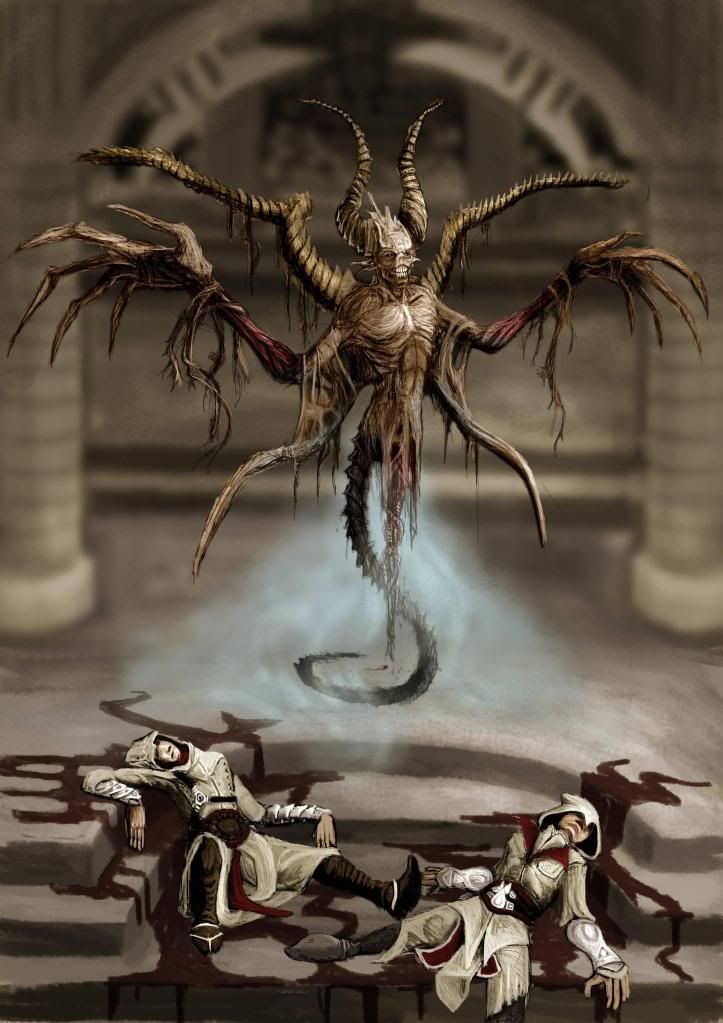 an image of a demonic creature with two men in front of him and another man laying on the ground