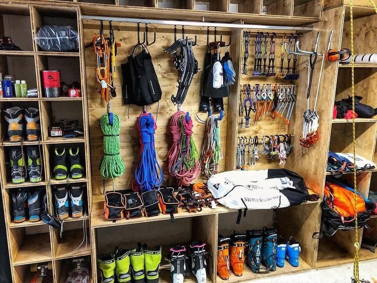 Gear Room Organization, Gear Room Ideas, Outdoor Gear Organization, Sports Gear Storage, Outdoor Gear Storage, Gear Closet, Camping Gear Storage, Adventure Room, Gear Room