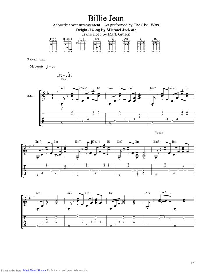 sheet music for guitar with the words,'billie jean'and notes on it