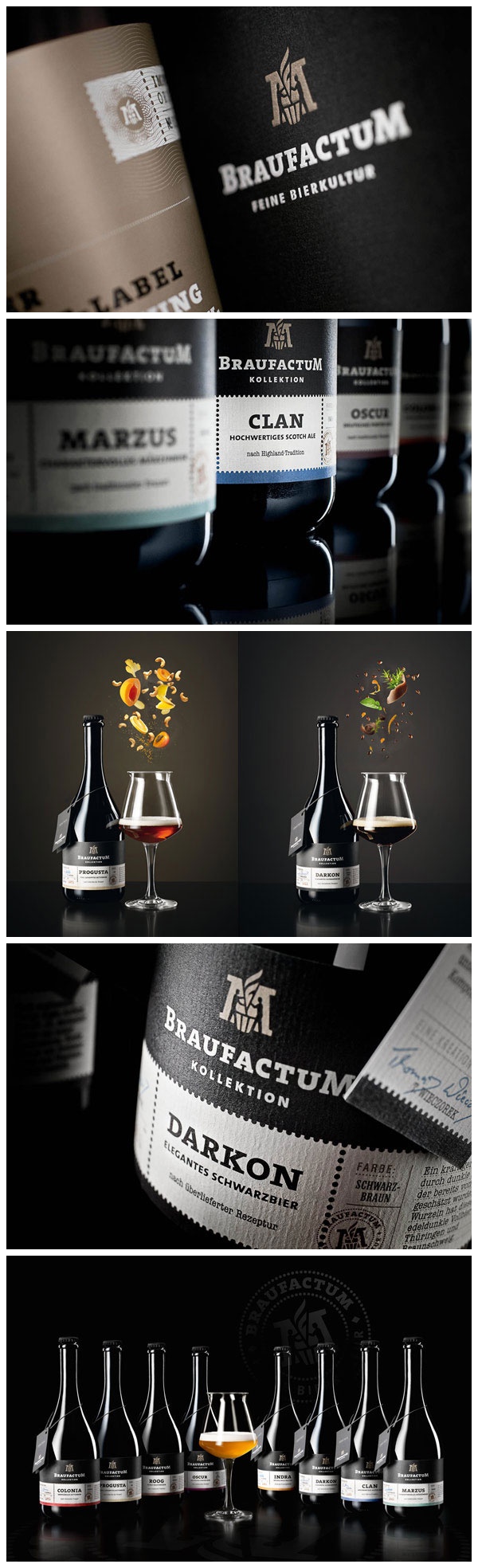 an assortment of different types of wine glasses and bottles with the same logo on them