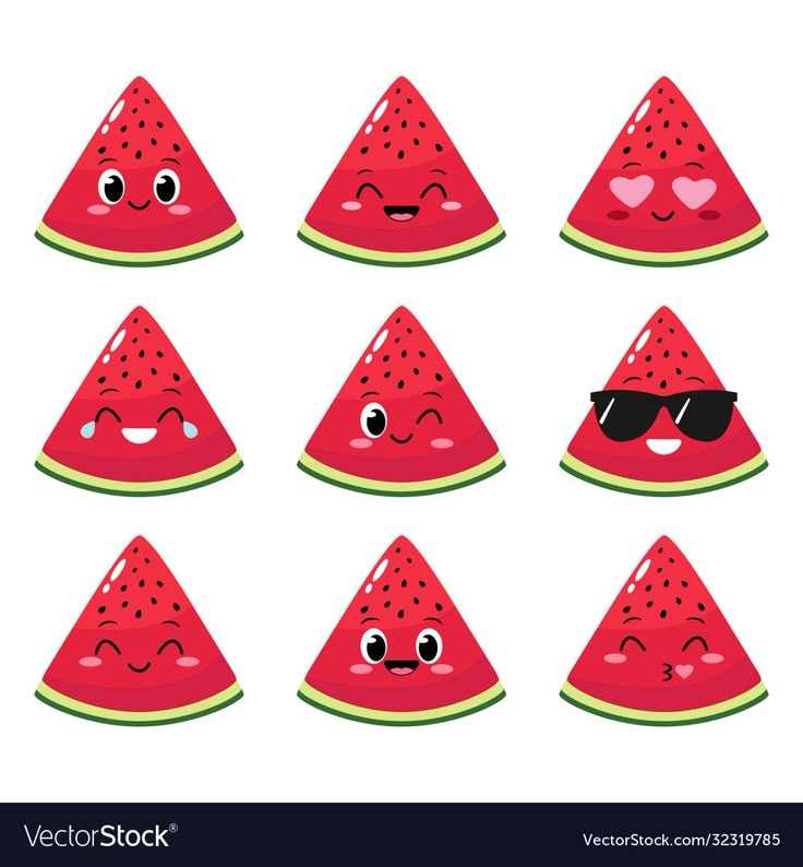 watermelon slices with different faces and sunglasses on them, set of eight pieces