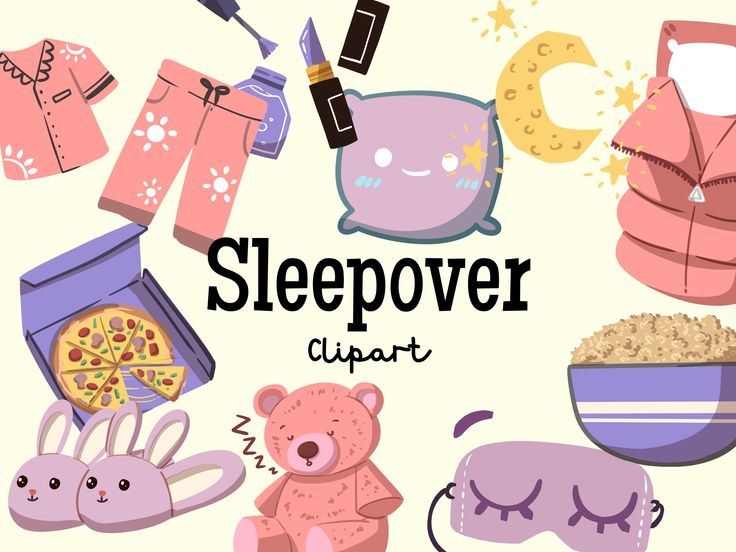 the words sleepover appear to be surrounded by cartoon animals and baby items, such as toys