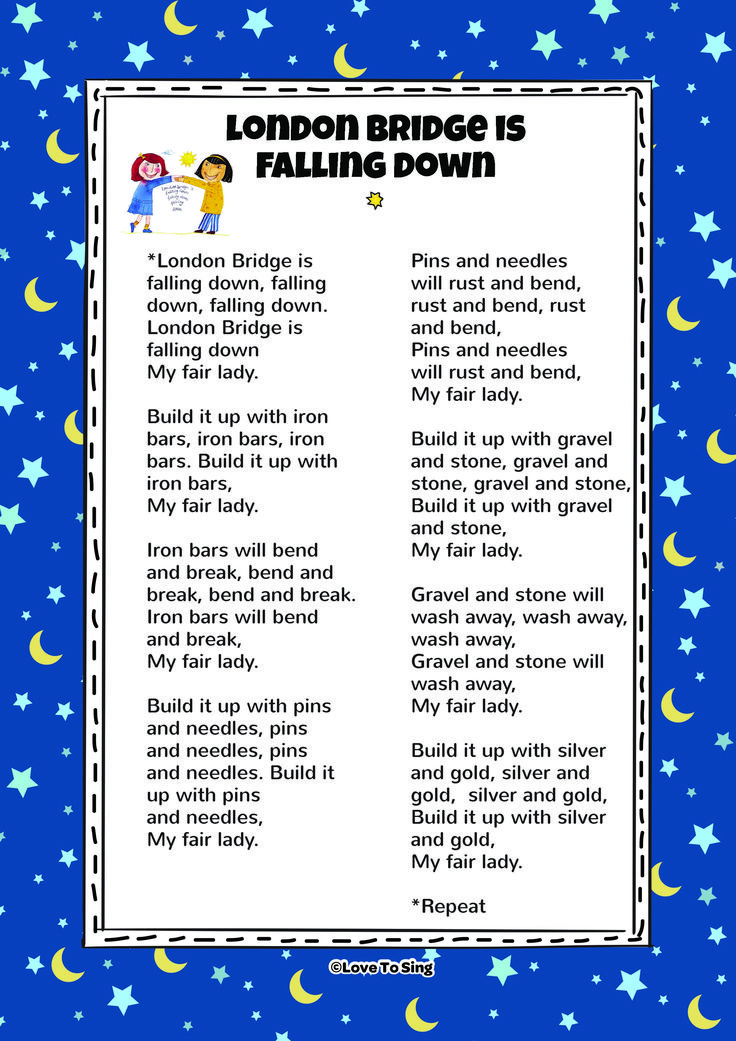 the london bridge is falling down poem with stars and moon in the sky behind it