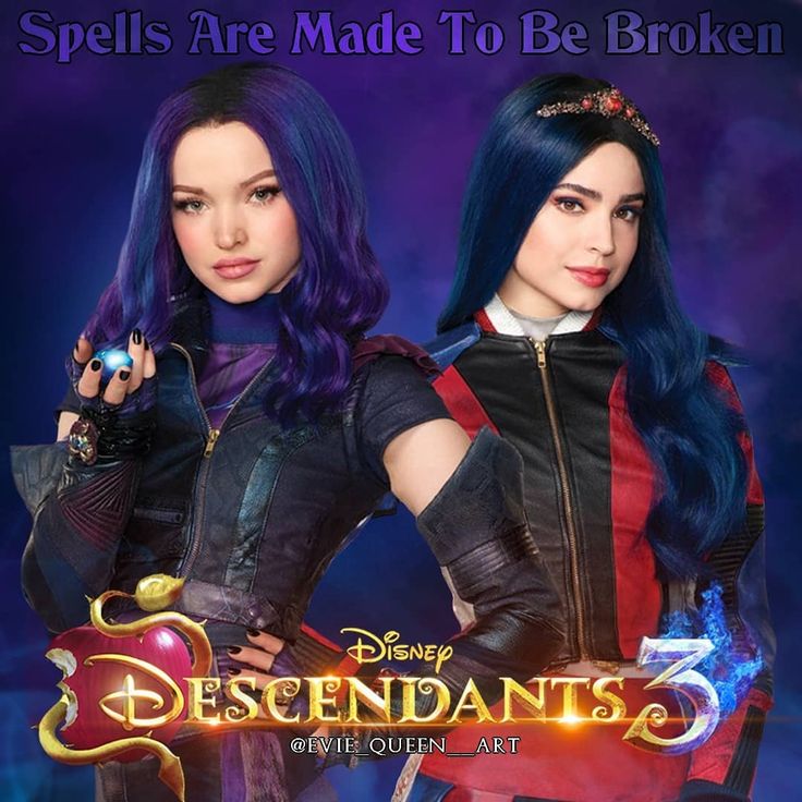 two girls with blue hair and black leather outfits are standing next to each other in front of an advertisement for disney's descendants