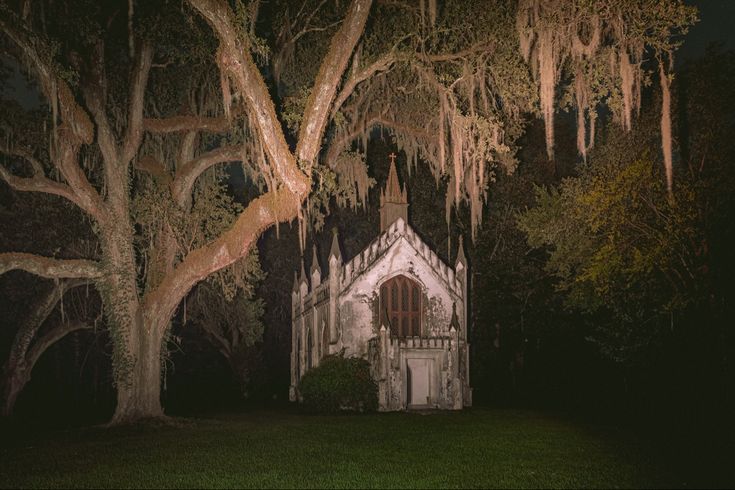 an old church in the middle of trees with moss hanging from it's roof