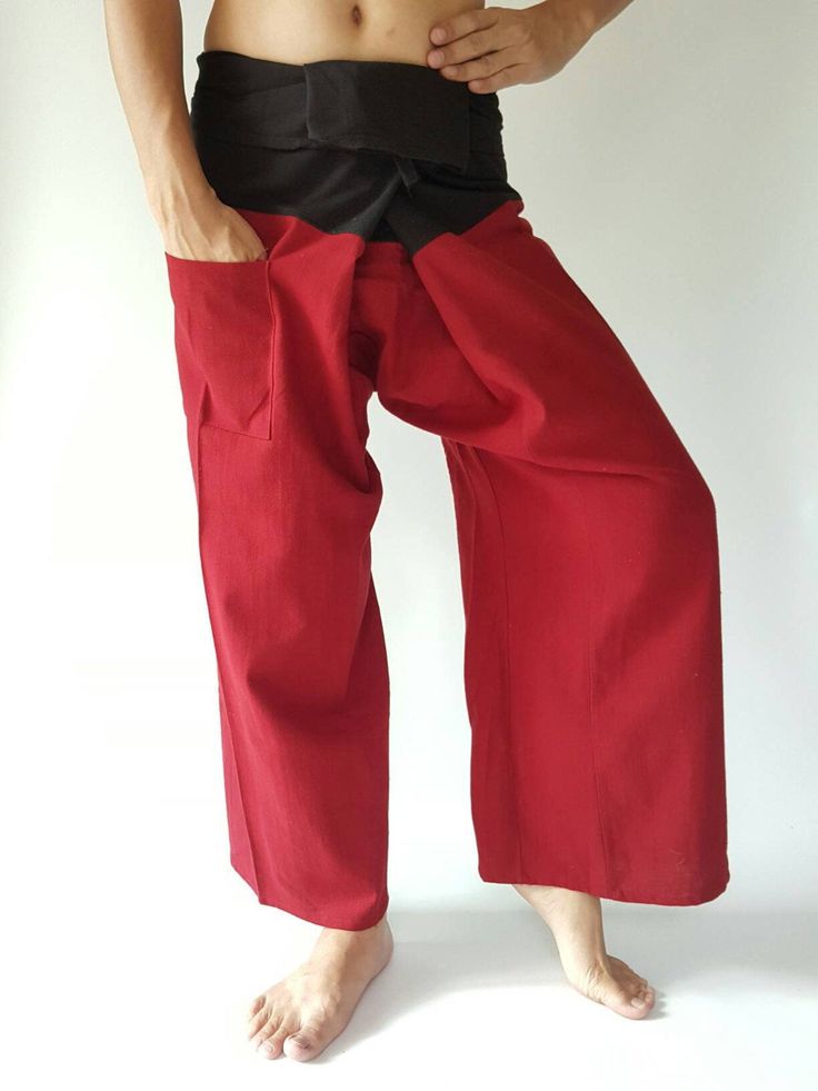 "Unisex Thai fisherman pants. One size fits all. You can wear in many occasions, casual wear, yoga wear, maternity wear, relax at home, travel etc. If you are looking for some pants that you can wear everywhere, comfortable, relax and Easy to wear. Thai fisherman pants is Answer!! Nice gift for yourself or your lover One pocket on the side for storing your items such as wallets, mobile phones, etc Approx. Measurements: One size can fits most and 1 Pockets Measurement Waist 27\" (69 cms) Length 4 Casual Harem Pants For Relaxation, Relaxation Yoga Pants With Pockets, Comfortable Red Cotton Bottoms, Cotton Straight Pants For Relaxation, Casual Cotton Harem Pants For Relaxation, Relaxation Cotton Straight Pants, Cotton Bottoms With Pockets For Relaxation, Comfortable Full-length Harem Pants With Pockets, Comfortable Yoga Pants With Loosely Fitted Hips