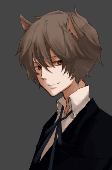 an anime character with grey hair and cat ears, wearing a black shirt and tie