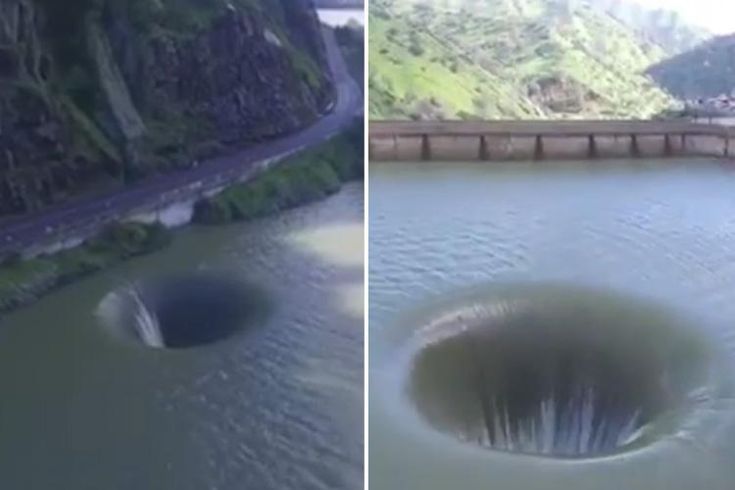 two pictures side by side one shows a large hole in the water