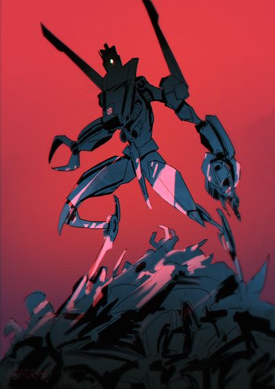 an animated robot standing on top of a pile of rocks in front of a red sky