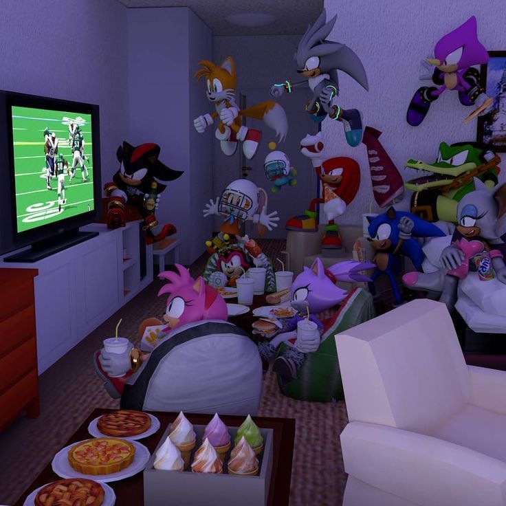 a living room filled with lots of toys and food in front of a tv screen