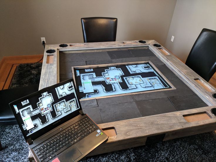 a laptop computer sitting on top of a table next to a tabletop with a map