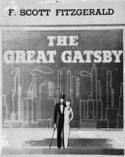 an advertisement for the great gatsby, with a man and woman standing in front of it