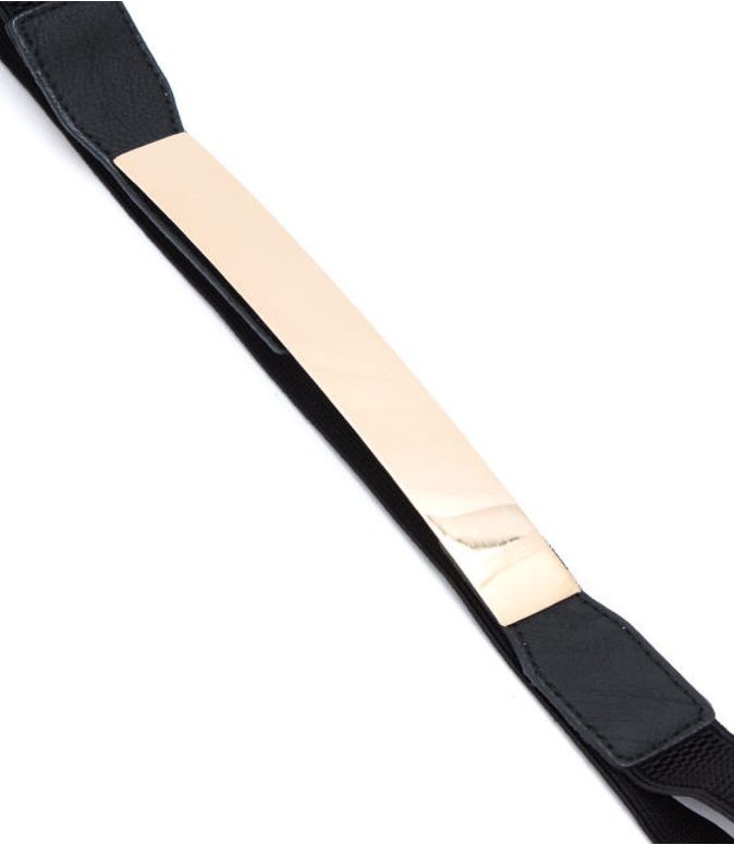 a black leather strap with gold colored metal bar ends on a white background, close up