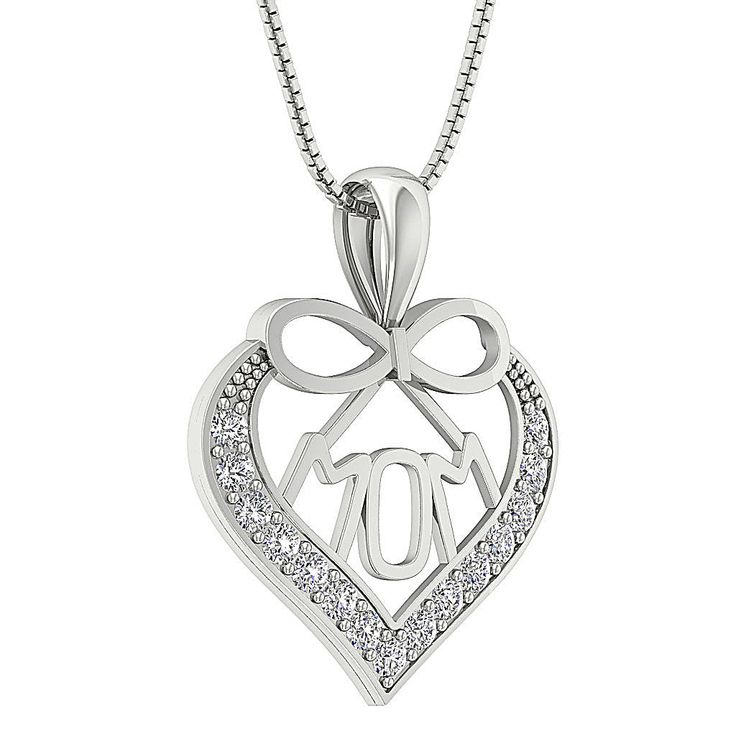 Natural Earth-mined Diamond Gold Jewelry. 100% Customer Satisfaction Guarantee or Money Back. Free Shipping with in USA. Heart MOM Necklace Accented With Diamond.Everyday can be Mother's day with this diamond heart mom necklace. Show your beloved mom just how much you love her with this sweet gesture that she is sure to adore.An open heart design is decorated with diamonds and spells mom off to the Center. Diamond Information: Diamond Pcs : 15 Pieces Diamond Carat : 0.20 Carats Diamond Shape : R Mother's Day Yellow Gold Diamond Necklace, Diamond Heart Necklace For Wedding And Mother's Day, Sterling Silver Diamond Pendant Necklace, White Gold Diamond Necklace Gift For Mom, Heart Cut Diamond Necklace For Mother's Day Anniversary, Mother's Day Sterling Silver Pendant Diamond Necklace, Formal Heart Cut Necklace For Mother's Day, Valentine's Day Gift Diamond Pendant Necklace, Valentine's Day Gift Heart Cut Diamond Necklace