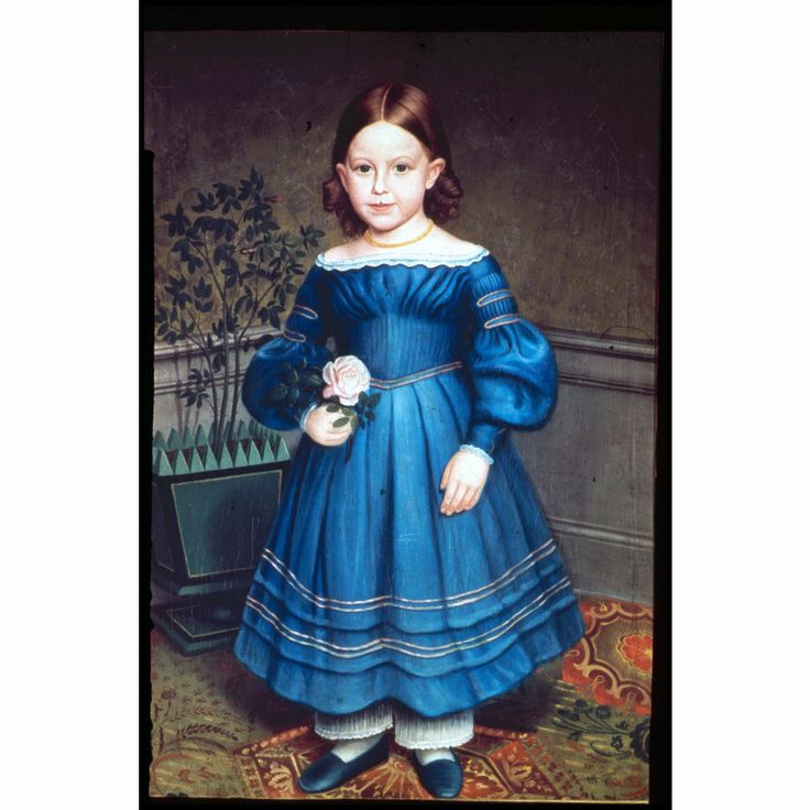 1840 Girl in blue dress Primitive Painting, Arte Folk, Antique Portraits, Primitive Folk Art, American Folk Art, Naive Art, Folk Art Painting, Kids Portraits, Childrens Fashion