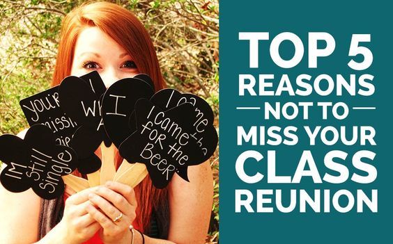 a woman holding up four chalkboard signs with the words top 5 reasons not to miss your class reunion