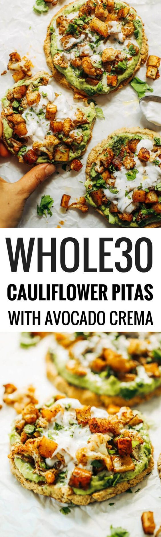 this is an image of whole 30 cauliflower pitas with avocado crema