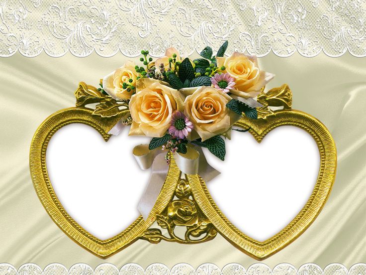 two heart shaped frames with yellow roses in them on a white satin background and lace