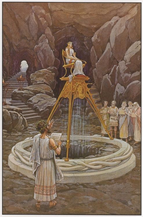 an illustration of a woman standing on top of a fountain surrounded by other women and men