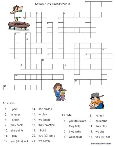 spanish action kids crossword puzzle conjugated verbs worksheet for ...