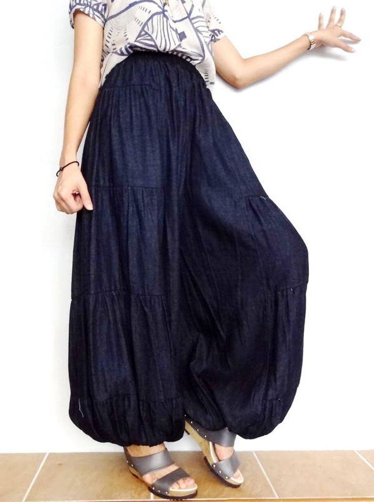 Harem Pants Aladdin Unique Style Boho Dark Blue Lightweight image 1 Aladdin Pants Outfit, Baggy Indigo Bottoms With Pockets, Casual Cotton Denim Blue Harem Pants, Casual Denim Blue Cotton Harem Pants, Summer Baggy Denim Harem Pants, Baggy Denim Harem Pants, Summer Denim Baggy Harem Pants, Bohemian Dark Wash High Waist Bottoms, Bohemian High Waist Dark Wash Bottoms