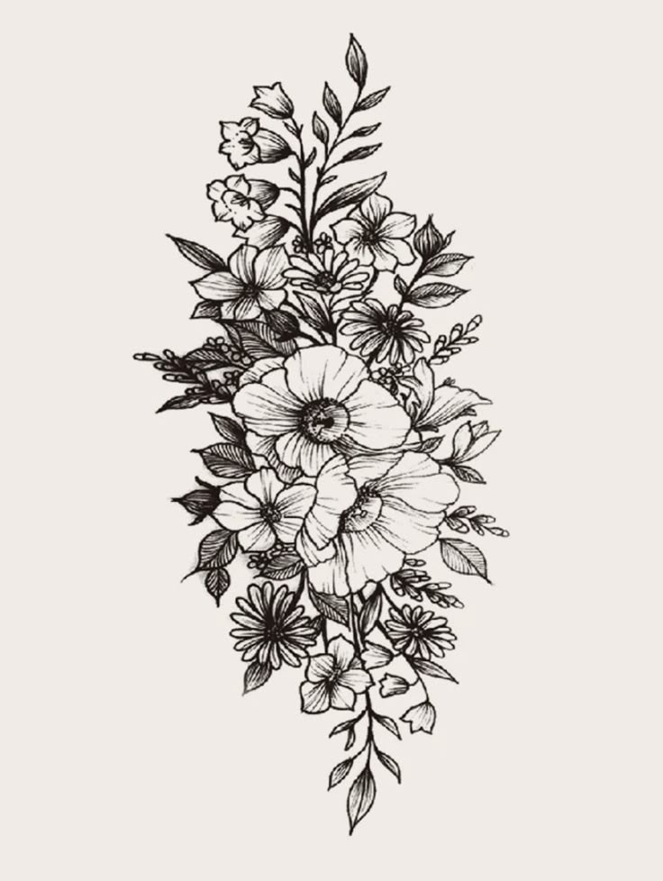 an ink drawing of flowers on a white background