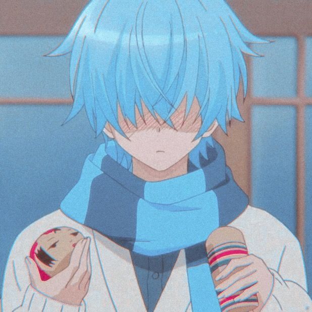 an anime character with blue hair holding a donut in his hand and wearing a scarf around his neck