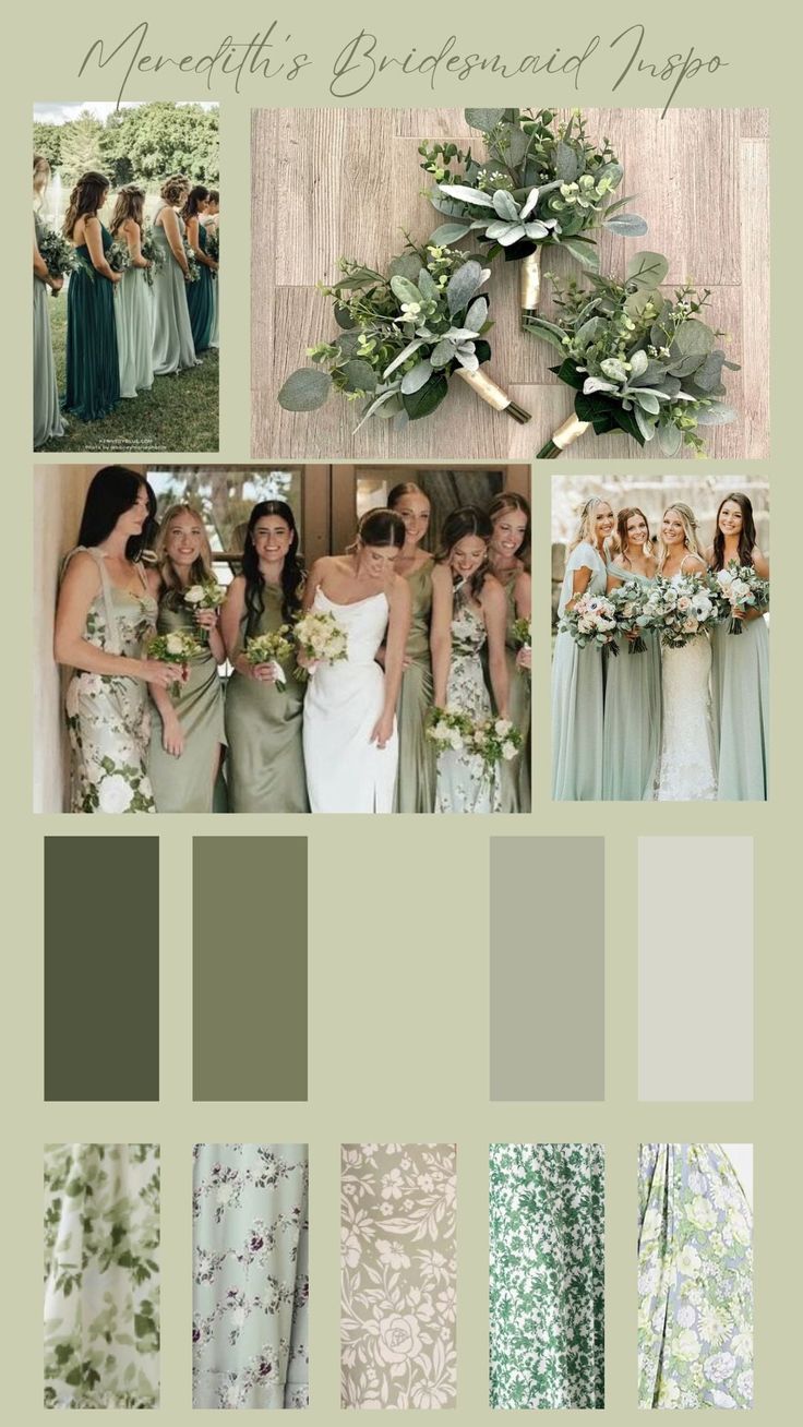 Bridesmaids Pick Own Dresses, Dust Sage Bridesmaid Dresses, Greenish Bridesmaid Dresses, Olive Green Weddings Decoration, Bridesmaid Dress Colour Palette, Different Green Shades Bridesmaid Dresses, Colors For June Wedding, Safe Green Bridal Party, Two Tone Bridesmaid Dresses