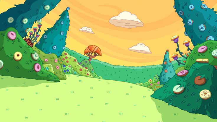 an image of a cartoon scene with trees and donuts