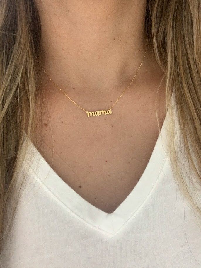 "Personalized Mom necklace in 14K Gold | Handcrafted Necklace for mom | Mama Necklace | Make your own name necklace  This mama necklace is beautiful, a handcrafted piece of jewelry that is great for everyday wear. It comes available in any gold color: rose gold, yellow gold or white gold. This necklace can be used in combination any of our other necklaces for a layering effect. A great idea for Valentine's Day, Mother's Day, Birthday, Anniversaries and Christmas. ♦ Materials: 14K Yellow Gold, 14K White Gold, or 14K Rose Gold ♦ Available colors: White Gold, Rose Gold, Yellow Gold ♦ Necklace measurements: 16\"-20\" inches, of your choice  ♦ Letters Measurement: 5MM height ♦ Font: Moonlight  ♦ These are handcrafted and custom made, no changes allowed once the order has been started ♦ This is Mom Necklace Personalized, Necklace Measurements, Mama Necklace, Necklace For Mom, Mom Necklace, Gold Choker, Gold Initial, Handcrafted Necklace, Gold Yellow