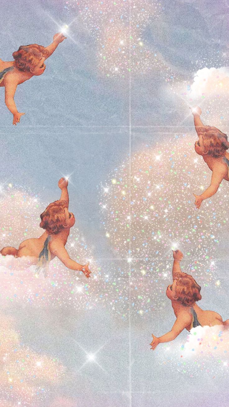 four images of an angel flying in the sky with stars and clouds above it,