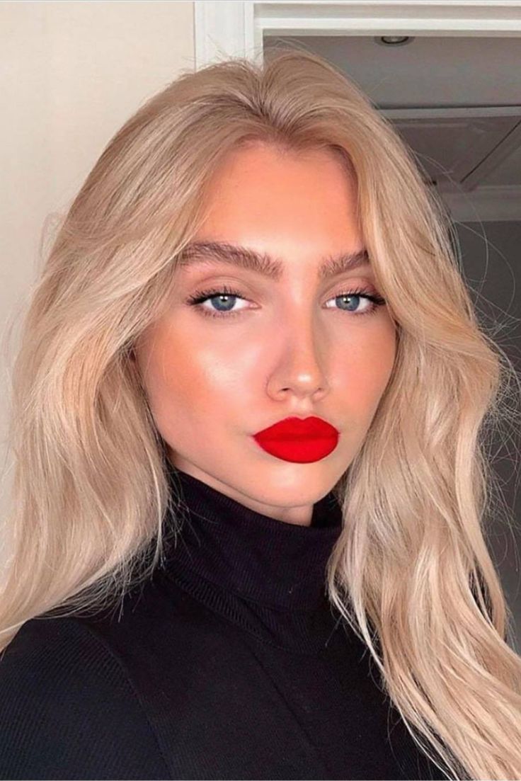 #makeup#women#ideas#lips#red#lipstick#nude#eyes#face#features#tips#products#cosmetics#gorgeous#look Red Lipstick Makeup Blonde, Blonde Hair Red Lips, Red Lips Makeup Look, Red Lipstick Makeup, Red Lip Makeup, Honey Hair, Blonde Hair Looks, Brown Blonde Hair, Long Blonde