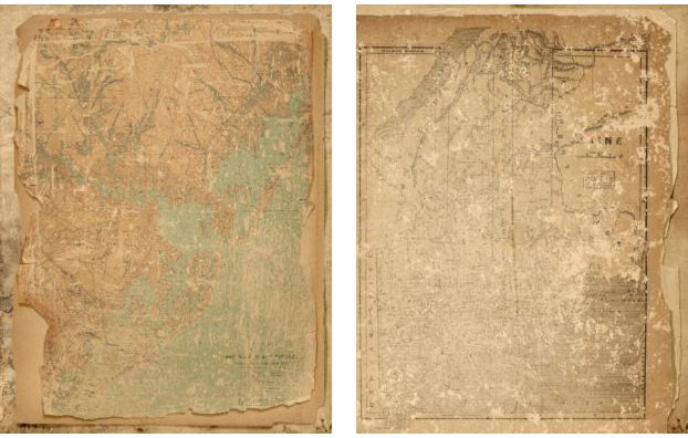 two old maps are next to each other on the same piece of paper that has been torn off