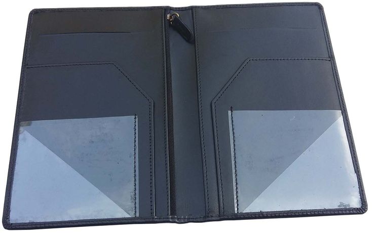 an open black leather wallet on a white background