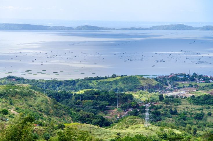 an aerial view of the ocean with boats in the water and trees on the hillside