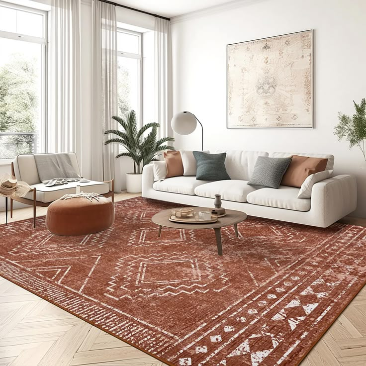 a living room filled with furniture and large windows