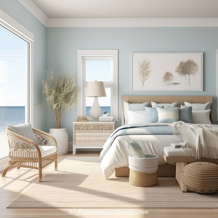 a bedroom with blue walls and white bedding next to an ocean side view window