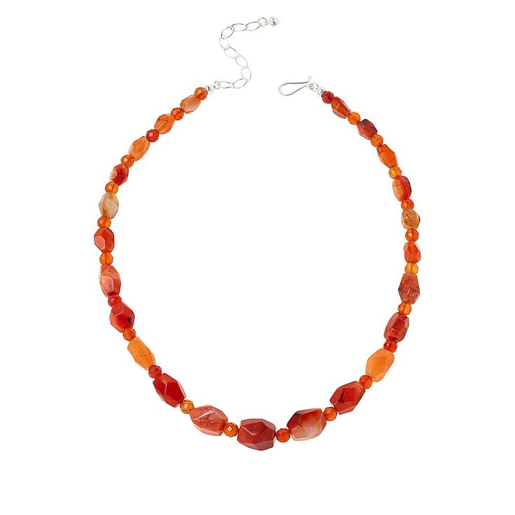 Jay King Sterling Silver Tangerine Chalcedony Bead 18" Necklace Tangerine chalcedony in varying shades of orange, give this handcrafted beaded necklace a fun, festive vibe. From Jay King.       Approx. 18"L x 1/2"W with 2-3/4" extender     Stamped .925     Hook closure     Gemstone bead necklace comprised of freeform and round multi-hued orange chalcedony beads   Stone Information       All sizes and weights approximate     Stabilized Tangerine Chalcedony - Freeform (7x10mm to 14x16mm), round (6 Artisan Single Strand Orange Beaded Necklace, Artisan Adjustable Orange Necklace, Adjustable Orange Artisan Necklace, Artisan Orange Adjustable Necklace, Elegant Orange Crystal Necklaces With Gemstone Beads, Amber Necklace With Faceted Oval Beads, Orange Polished Beads Necklaces For Jewelry Making, Orange Oval Beaded Necklaces As Gifts, Orange Oval Beaded Necklace For Gifting