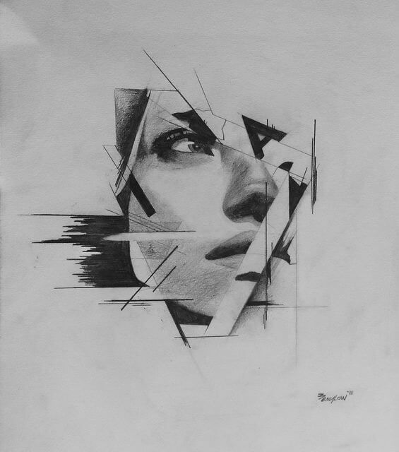 a black and white drawing of a woman's face with geometric shapes on it