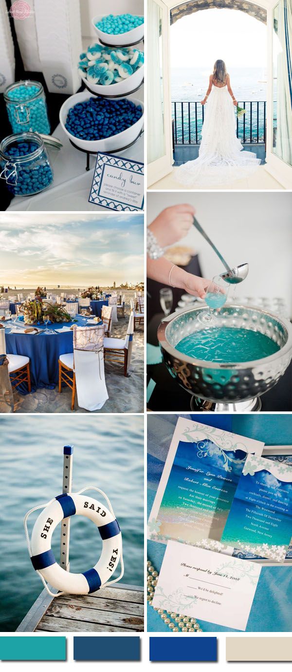 a collage of photos with blue and white decor on it, including plates, napkins, and other items