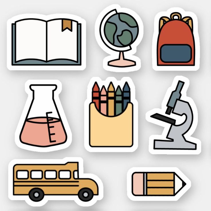 various school supplies stickers on a white background