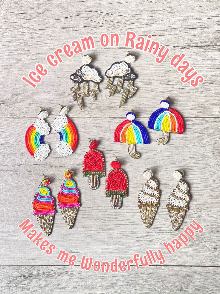 an assortment of ice cream on rainy days brooches are shown in various colors